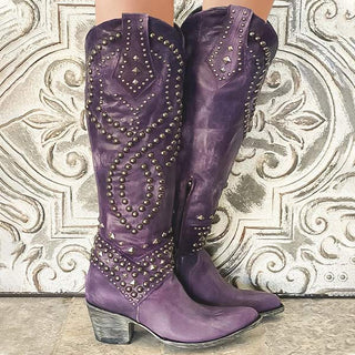 Damen Stiefel mit Nieten bis zum Knie | Blockabsatz