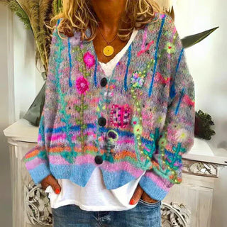 Damen Floral Strickcardigan | Mit Knopfleiste