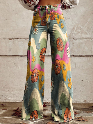 Damen-Jeans mit weitem Bein | Blumenmuster, hohe Taille