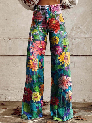 Damen-Jeans mit weitem Bein | Blumenmuster, hohe Taille