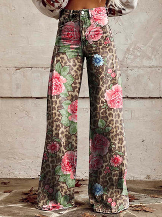 Damen-Jeans mit weitem Bein | Blumenmuster, hohe Taille