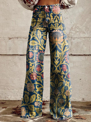 Damen-Jeans mit weitem Bein | Blumenmuster, hohe Taille