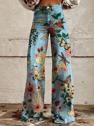 Damen-Jeans mit weitem Bein | Blumenmuster, hohe Taille
