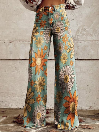 Damen-Jeans mit weitem Bein | Blumenmuster, hohe Taille