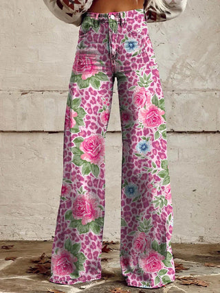 Damen-Jeans mit weitem Bein | Blumenmuster, hohe Taille