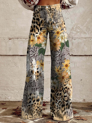Damen-Jeans mit weitem Bein | Blumenmuster, hohe Taille