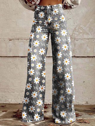 Damen-Jeans mit weitem Bein | Blumenmuster, hohe Taille