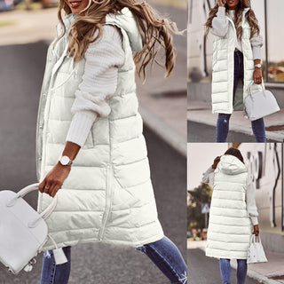 Damen Lange Winter Daunenweste mit Kapuze | Gesteppt