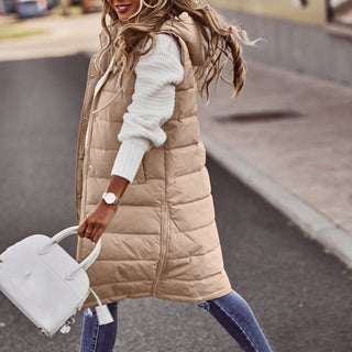 Damen Lange Winter Daunenweste mit Kapuze | Gesteppt