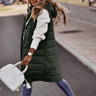 Damen Lange Winter Daunenweste mit Kapuze | Gesteppt