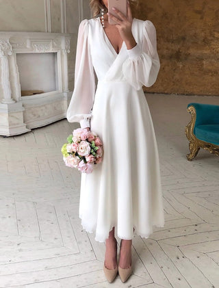 Women's A-line V-neck Wedding Dress | Midi