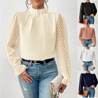 Women's blouse with pleated mesh sleeves | Flared details