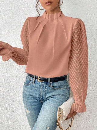 Women's blouse with pleated mesh sleeves | Flared details