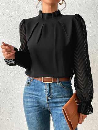 Women's blouse with pleated mesh sleeves | Flared details
