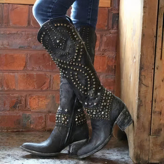 Damen Stiefel mit Nieten bis zum Knie | Blockabsatz