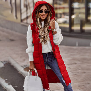 Damen Lange Winter Daunenweste mit Kapuze | Gesteppt