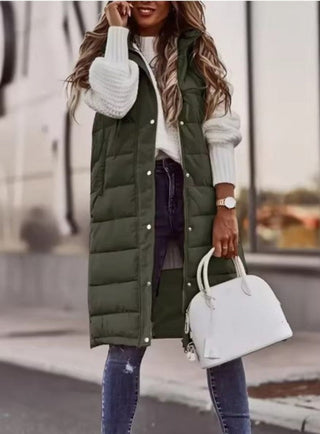 Damen Lange Winter Daunenweste mit Kapuze | Gesteppt
