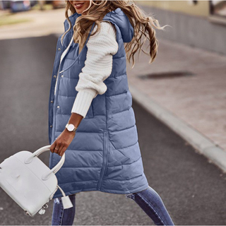 Damen Lange Winter Daunenweste mit Kapuze | Gesteppt