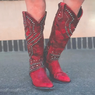 Damen Stiefel mit Nieten bis zum Knie | Blockabsatz