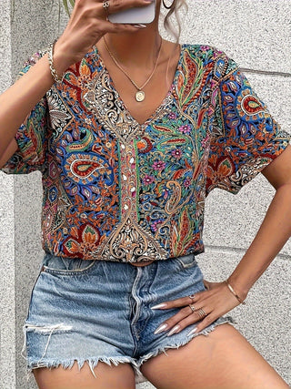 Women's Boho Flower Blouse | Short Sleeve