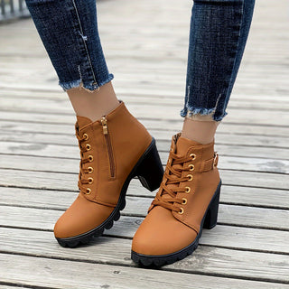 Damen Schnürstiefeletten | Chunky Heel mit Reißverschluss