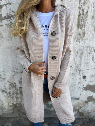 Damen Langer Knopf-Cardigan | Mit Kapuze