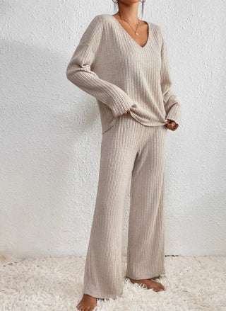 Women's Rib Lounge Set | V-Neck & Wide Legs