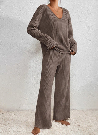 Women's Rib Lounge Set | V-Neck & Wide Legs