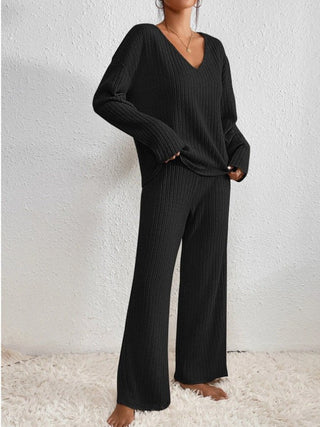 Women's Rib Lounge Set | V-Neck & Wide Legs