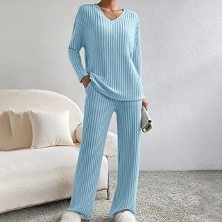 Women's Rib Lounge Set | V-Neck & Wide Legs