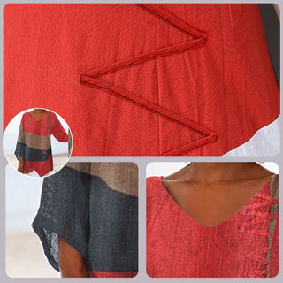 Women's V-neck Patchwork Blouse | Asymmetric Hem