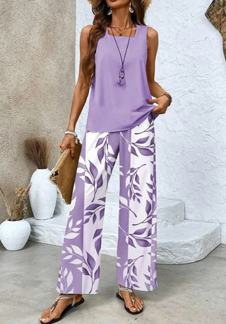 Zweiteiliges Damen Sommer Set mit Blumen Top und Weithose | Ärmellos