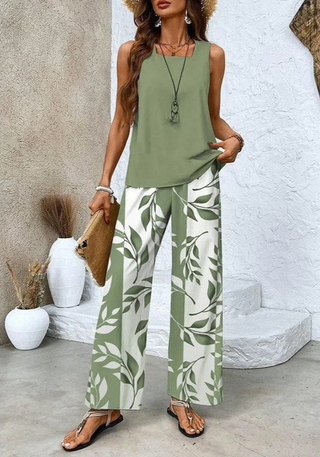 Zweiteiliges Damen Sommer Set mit Blumen Top und Weithose | Ärmellos