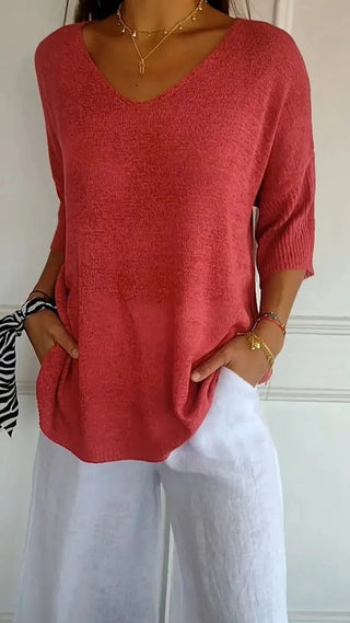 Damen V-Ausschnitt Oversized Stricktop | Halbarm