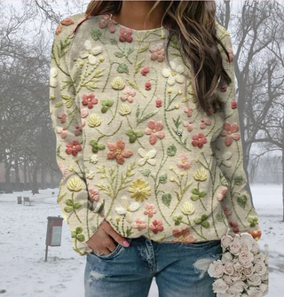 Damen-Pullover mit Blumenstickerei | Rundhalsausschnitt
