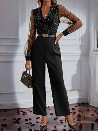 Damen Jumpsuit mit Transparenten Ärmeln | V-Ausschnitt Weites Bein