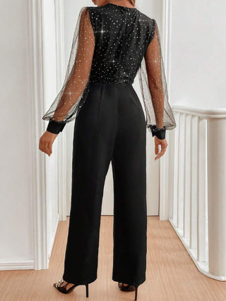 Damen Jumpsuit mit Transparenten Ärmeln | V-Ausschnitt Weites Bein