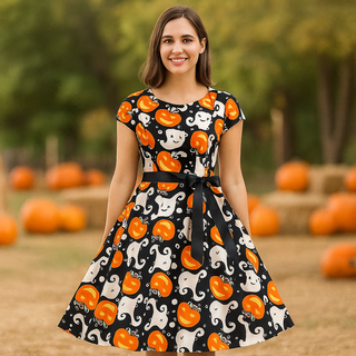 Damen Halloween Midi Kleid | Gruseliges Kürbis-Muster