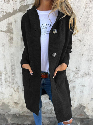 Damen Langer Knopf-Cardigan | Mit Kapuze