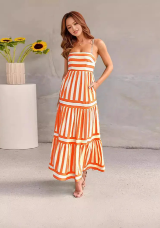 Damen Gestreiftes Sommerkleid | Spaghettiträger Maxi