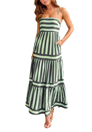 Damen Gestreiftes Sommerkleid | Spaghettiträger Maxi