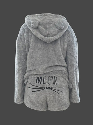 Damen-Pyjama-Set | Kapuzenpullover und Kurze Hosen mit Katzenmotiv