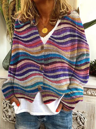 Gestreifter Damen-Button-Cardigan | Wellenstrick