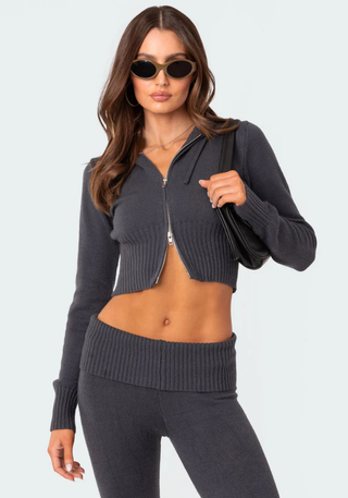 Damen Strick Zip-Up Kapuzen-Cardigan | Kurz & Figurbetont