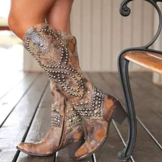 Damen Stiefel mit Nieten bis zum Knie | Blockabsatz
