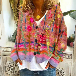 Damen Floral Strickcardigan | Mit Knopfleiste