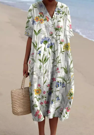 Damenlockeres Kleid mit V-Ausschnitt | Midi