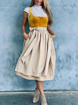 Damen Dirndl Kleid für das Oktoberfest | Ärmelloser Mieder & Midi Schürzenrock