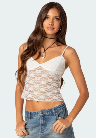 Damen Transparente Spitzen Tanktop | Verstellbare Träger