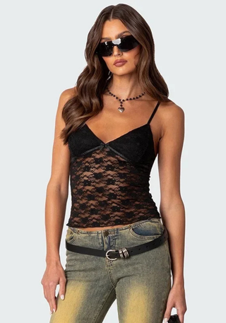 Damen Transparente Spitzen Tanktop | Verstellbare Träger